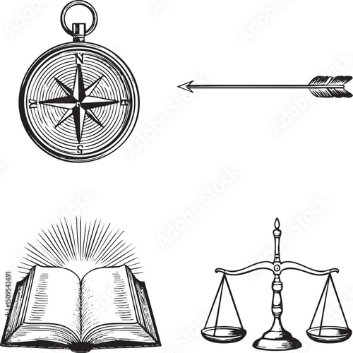vintage compass points toward a directional arrow alongside an open book and scales of justice.