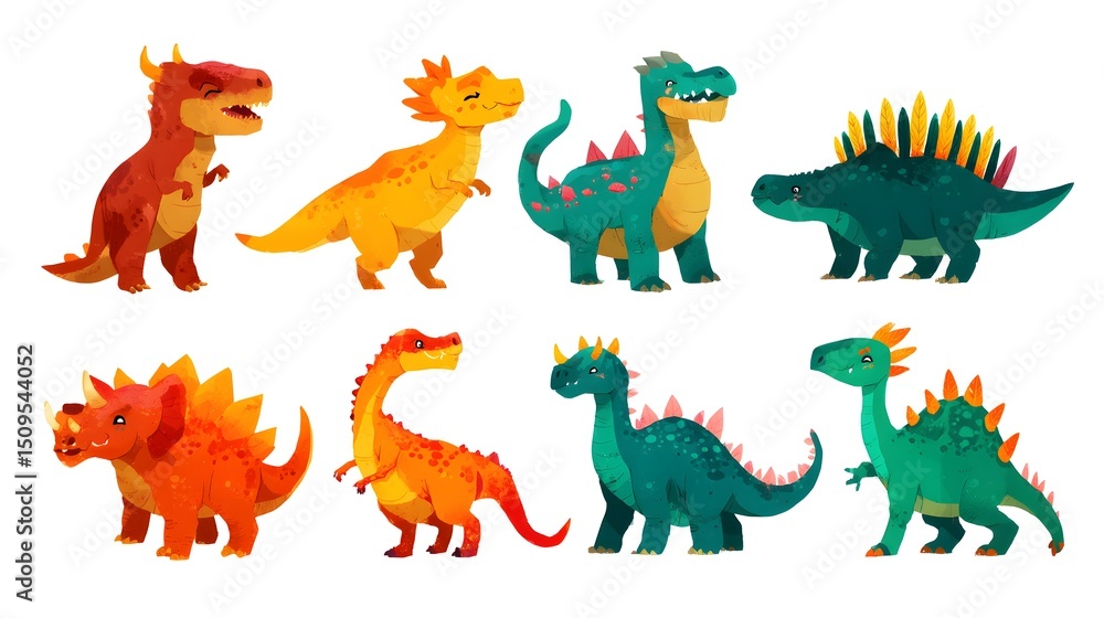 A collection of eight cartoon dinosaurs in various colors and styles standing on a white background A collection of eight cartoon dinosaurs in various colors and styles standing on a white background