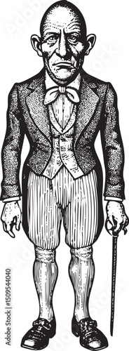 elderly gentleman stands formally holding a walking stick.