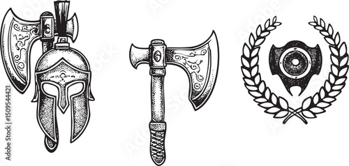 black and white depicts a helmet an  and a wreath.