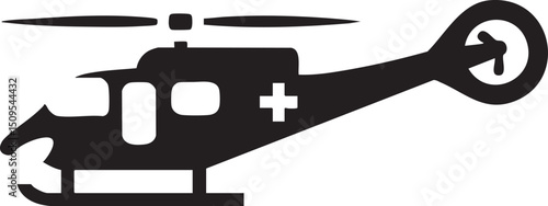 black helicopter with a white cross symbol flies against a white background.