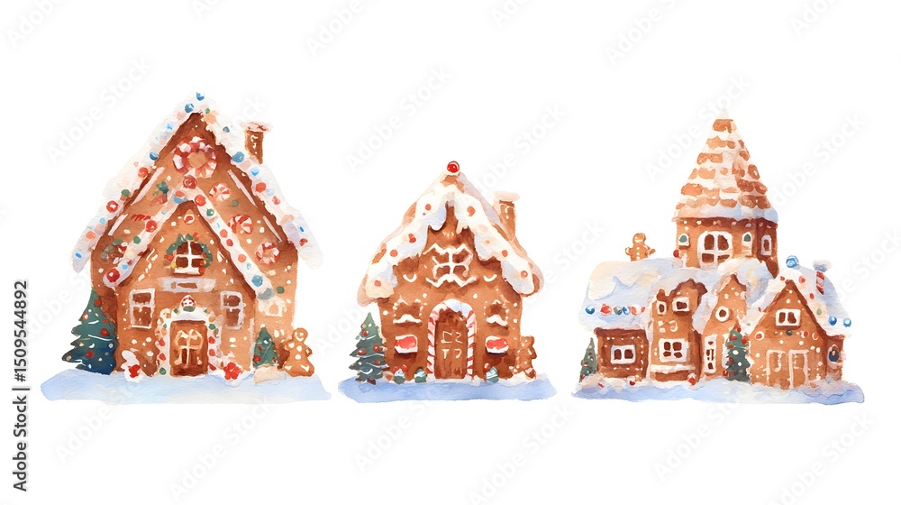Three gingerbread houses decorated with snow and candies in watercolor style on white background Three gingerbread houses decorated with snow and candies in watercolor style on white background