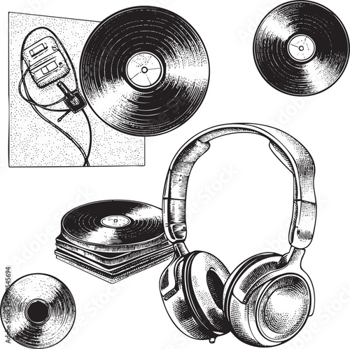 Black and white displays vintage record players vinyl records and headphones.