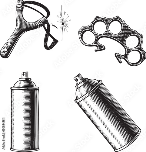 slingshot a spray can and a knuckle duster are arranged in a square formation.
