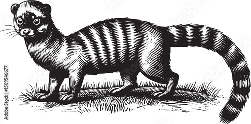striped ferret stands alertly in a grassy field.
