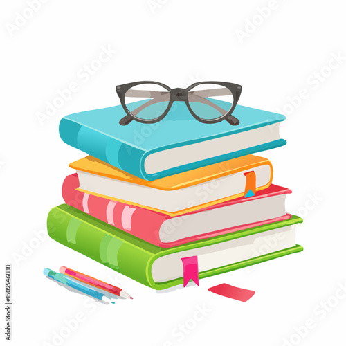A book stack with bookmarks and reading glasses
