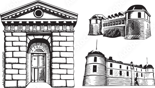 Three black and white architectural sketches depict fortified structures with arched entrances.