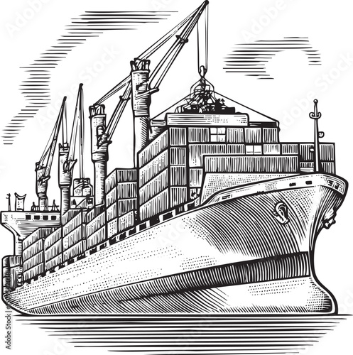 large cargo ship transports containers across a gray ocean.