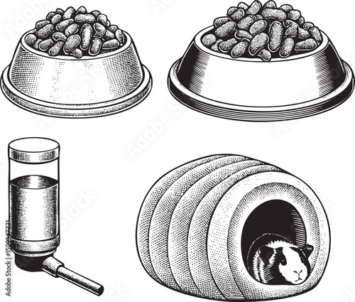 ceramic bowl overflows with dark brown kibble alongside a water bottle and a wooden barrel.