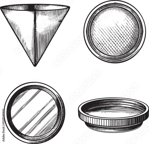 Four distinct conical and circular shapes are depicted in a detailed black and white engraving.