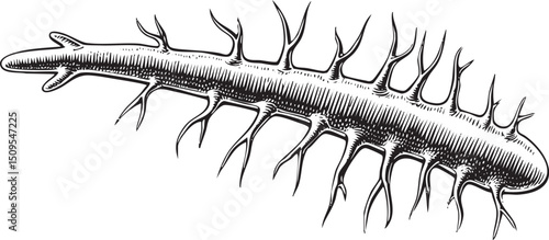 long segmented creature with numerous appendages extends along a dark background.