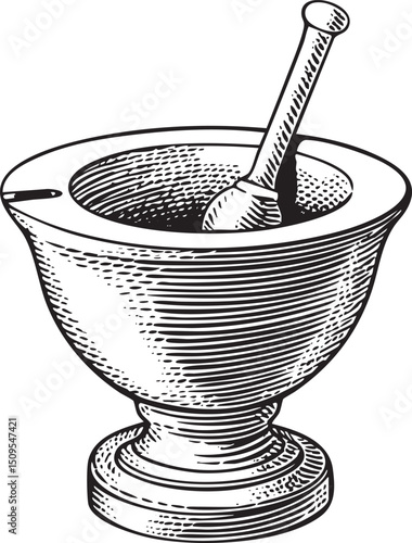 silver mortar and pestle rests on a circular wooden base.