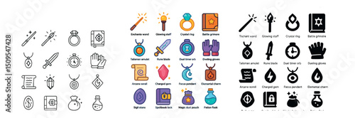 Magic and fantasy icon collection: spells, artifacts, enchanted items for gaming