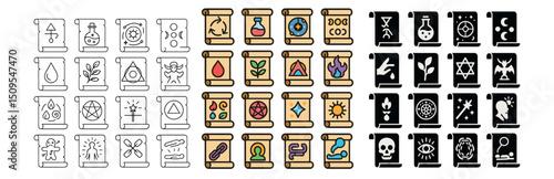 Magic and mysticism icon collection with alchemy and astrology symbols for design