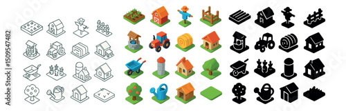 Farming and agriculture icon collection: isometric, outline, silhouette designs