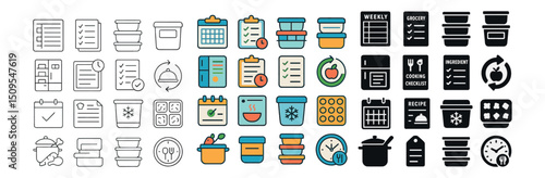 Meal prep and cooking icon collection. kitchen planning and food storage icons set