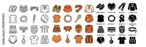 Traditional clothing icon collection featuring cultural and ethnic design elements
