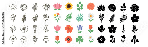 Floral and botanical icon collection: outline, silhouette, and colorful flower designs