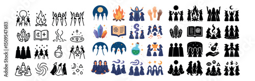 Witchcraft and mystical icon collection. sorcery, magic, and occult symbols set