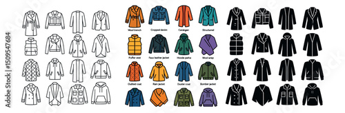 Clothing fashion icon collection: line, silhouette, and colorful styles. apparel design set