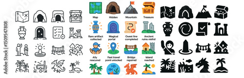 Adventure and exploration icon collection. discover treasures and quests for gaming