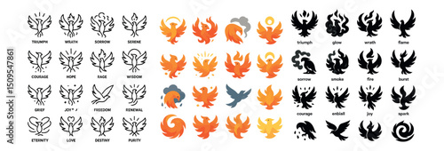 Phoenix icon collection: flame, silhouette, and colorful symbols. firebird and rebirth set