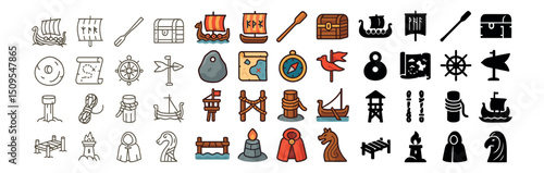Viking, scandinavian and medieval icon collection. norse and warrior theme set