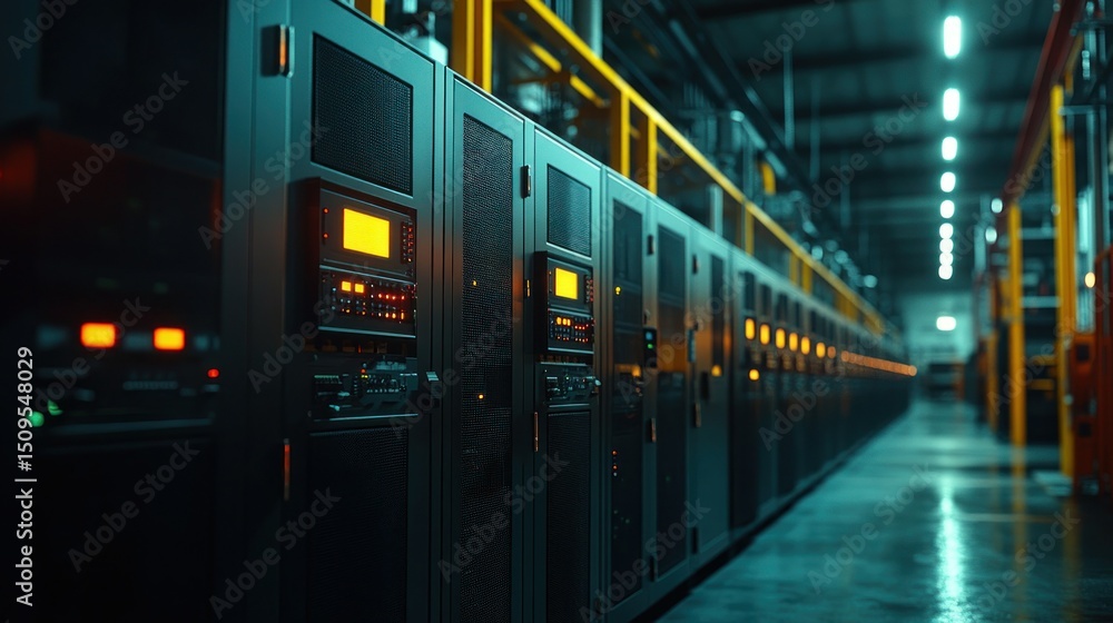 Fototapeta premium Industrial machinery line in a factory. Rows of dark, metallic automated machines, illuminated by glowing displays and lights, are arranged in a long production line