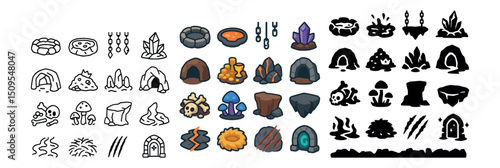 Fantasy adventure rpg game icon collection. magic, dungeon, and quest graphics set