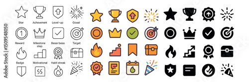 Achievement and goal icon collection. milestone, reward, and badge symbol set