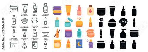 Beauty and skincare essentials icon collection: line, filled, and outline styles