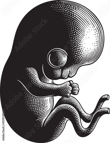 stylized monochrome depicts a developing human fetus nestled within a protective membrane.