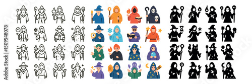 Fantasy wizard and magic icon collection with flat, outline, and silhouette designs