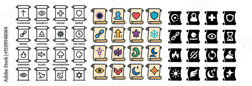 Magic and mystic icon collection, including spell symbols and wizardry signs