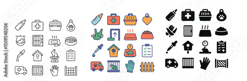 Pet care and veterinary icon collection. animal grooming, health, and treatment symbols