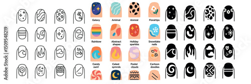 Nail art icon collection for manicure designs. pattern, abstract, and holiday styles