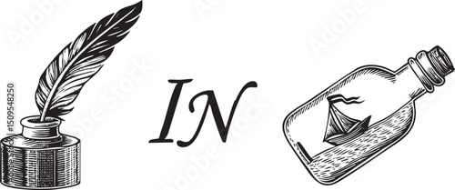 black inkwell and a quill pen rest beside a bottle containing a small sailboat.