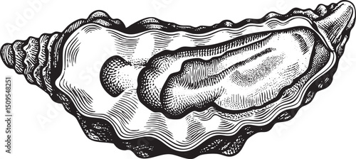 detailed black and white of a seashell resting on a smooth surface.