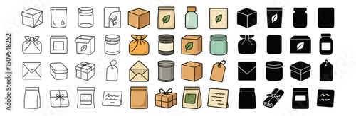 Eco-friendly packaging icon collection: linear, silhouette, recycling, and natural designs