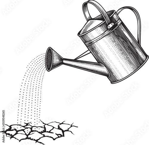 weathered watering can pours water onto cracked earth.