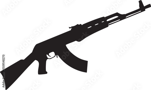 black silhouette of an assault rifle rests on a white background.