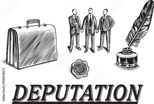 Three men formally stand together presenting a briefcase and seal.
