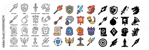 Medieval fantasy icon collection with emblems and symbols for gaming and design