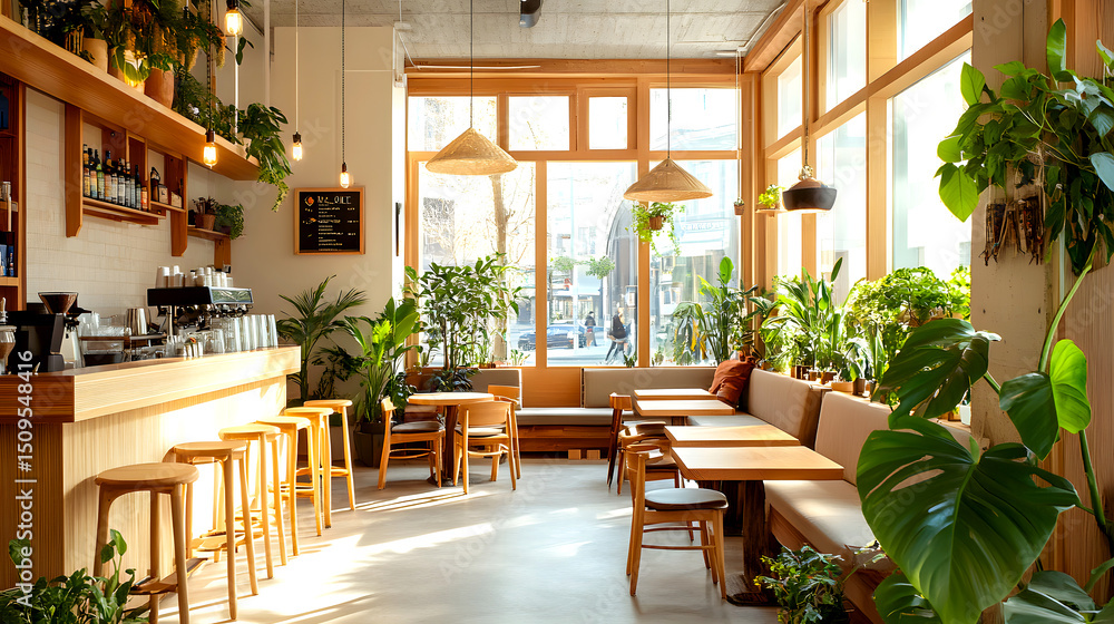 Fototapeta premium Casual Café with Minimalist Furniture and Plenty of Green Plants