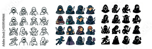Ninja and samurai warrior icons collection. stealth, combat, and martial arts set