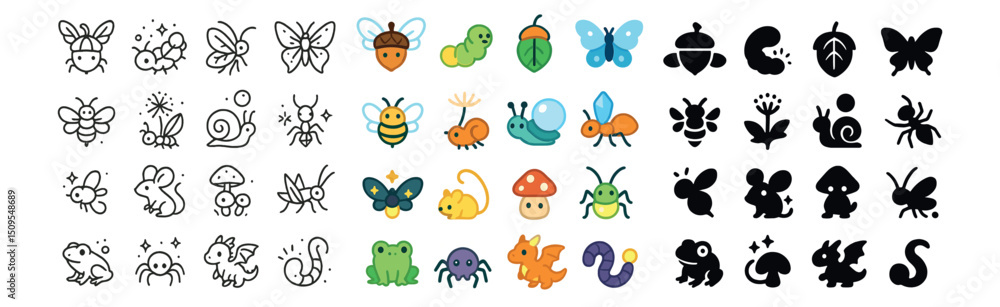 Obraz premium Insect and nature icon collection: line, color, and silhouette styles for design projects