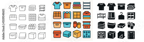 Home organization icon collection with storage and decluttering symbols for neat spaces