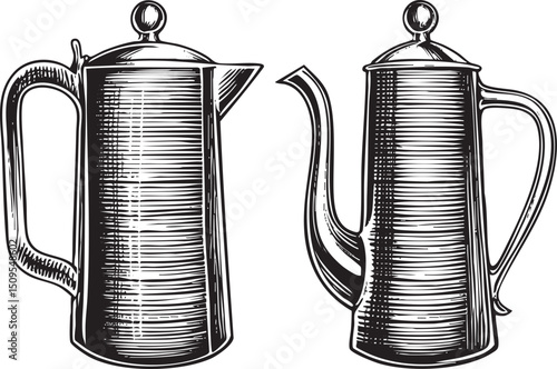 Two antique silver coffee pots stand side-by-side on a white surface.