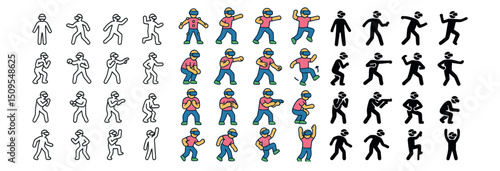 Dancer poses icon collection. outline, flat, and silhouette dancing figures set