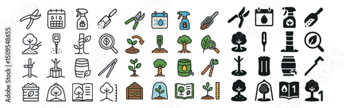 Gardening and horticulture icon collection. lawn care, planting, and landscaping set